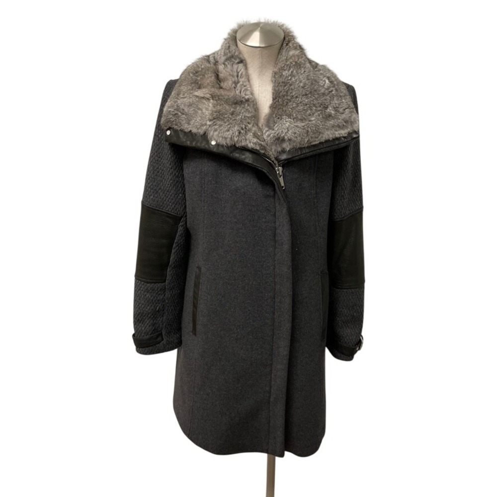 Andrew Marc Coat Womens 12 Gray Wool Cashmere Rabbit Fur Leather Trim Gorpcore